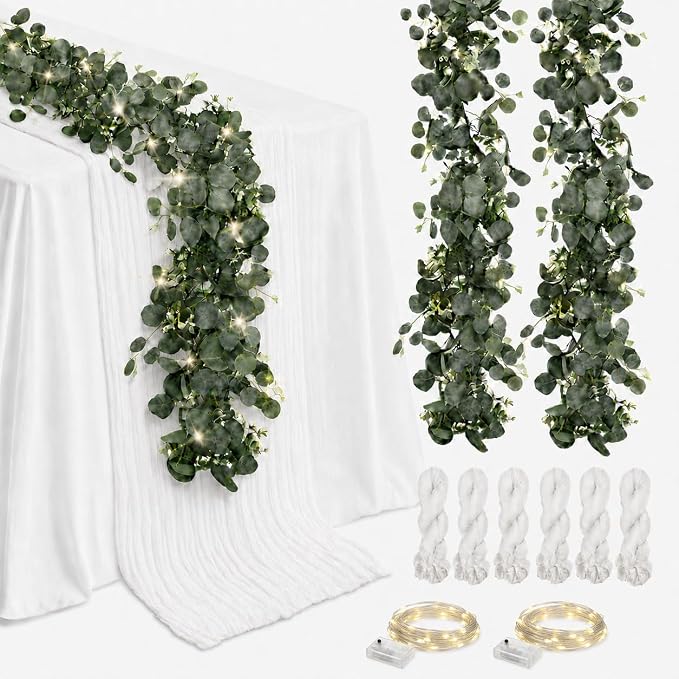 Cinrobiye 11pcs Cheesecloth Table Runner Set 120 Inch – Gauze Table Runner with Napkins, Eucalyptus Garland & String Lights for Wedding Baby Shower Table Decor, Rustic Boho