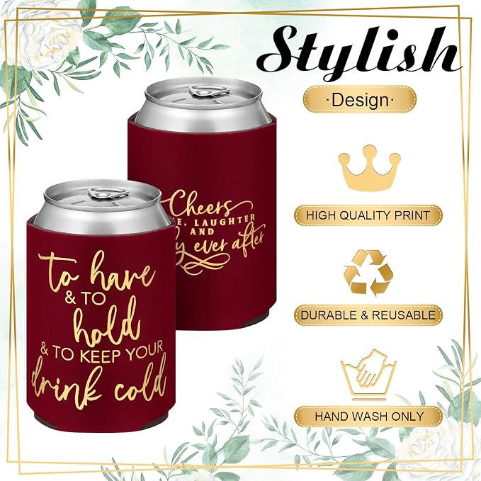 Qinyoung 50 Pieces Burgundy Wedding Can Cooler Sleeves Bulk Engagement Party Favors for Guests Cheers to Love Laughter and Happily Ever After Rehearsal Dinner Decorations for Wedding Bridal Parties