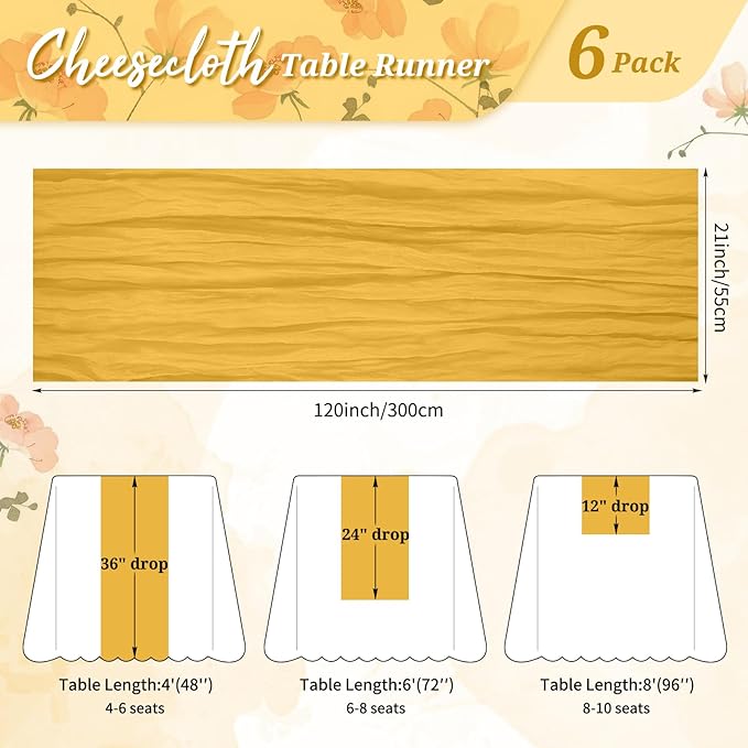 6 Pack Cheesecloth Table Runner Gold 10Ft Rustic Boho Gauze Table Runner Romantic Long Sheer Fabric Cheesecloth Table Runner for Wedding Festival Birthday Anniversary Dinner Outdoor Events