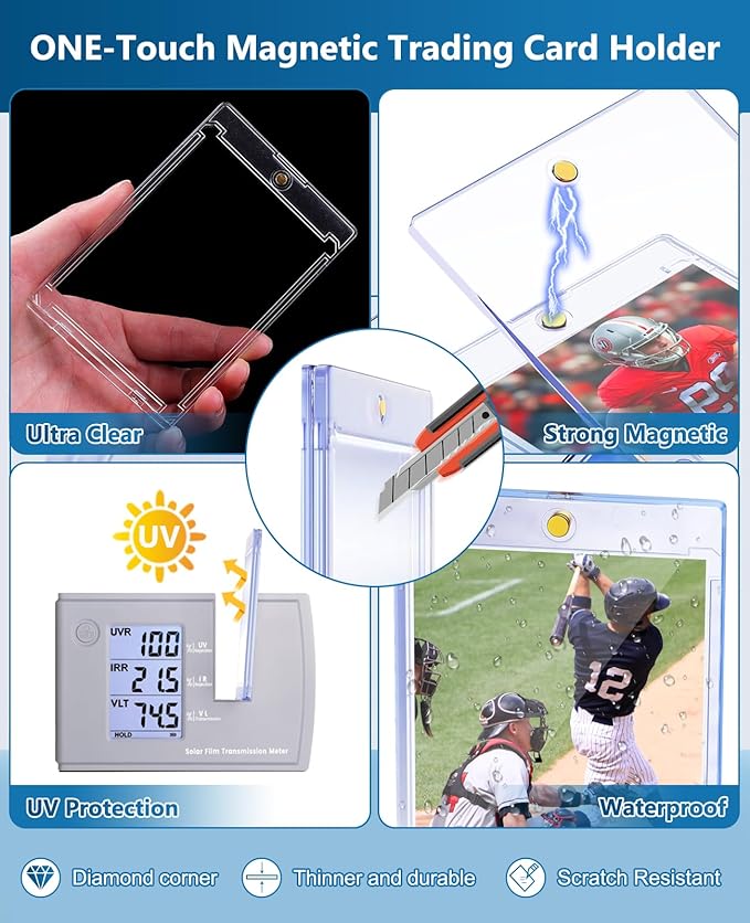 204ct Magnetic Trading Card Holders: 35pt One Touch Card Holder, U-V Protection Hard Plastic 35 PT Magnetic Cards Case for Sports Game, Football, Baseball Cards - Ultra Slim