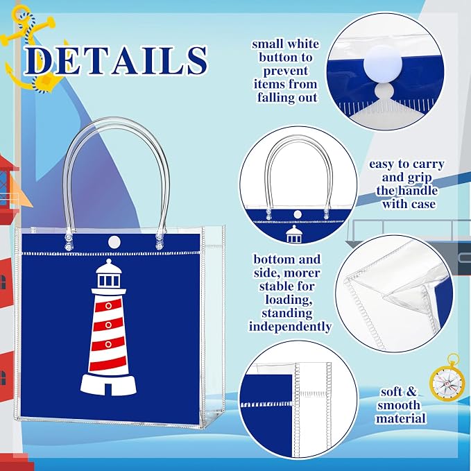 Teenyyou 24 Pcs Nautical Clear Gift Bags with Handles Cruise Party Favors PVC Goodie Treat Candy Tote Plastic Gift Bags for Sailing Theme Birthday Party Supplies