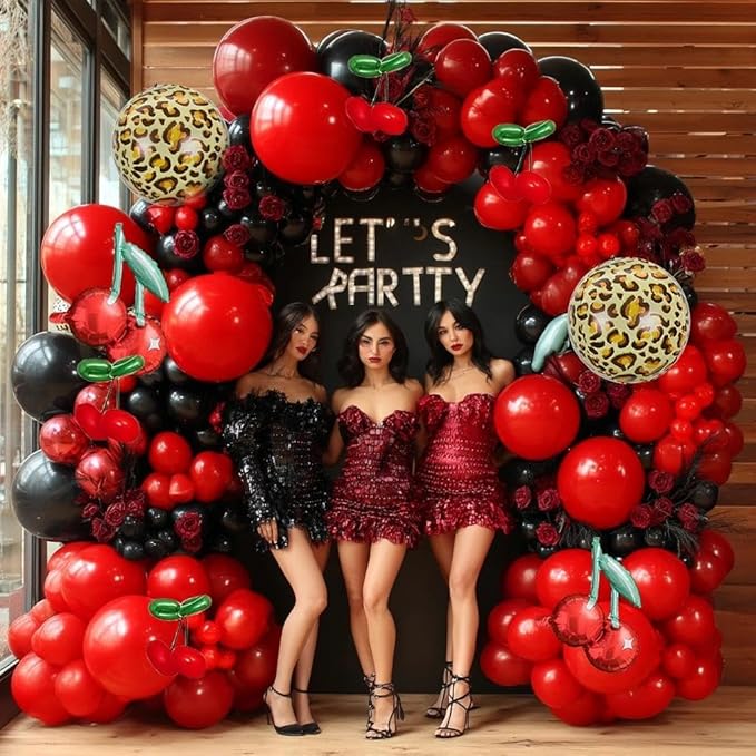 Red Black Balloon Arch Kit Double Stuffed Burgundy Black Maroon Balloon Garland Cherry Cheetah Print Balloons for Birthday Bridal Baby Shower Mother's Day Bachelorette Graduation Party Decorations