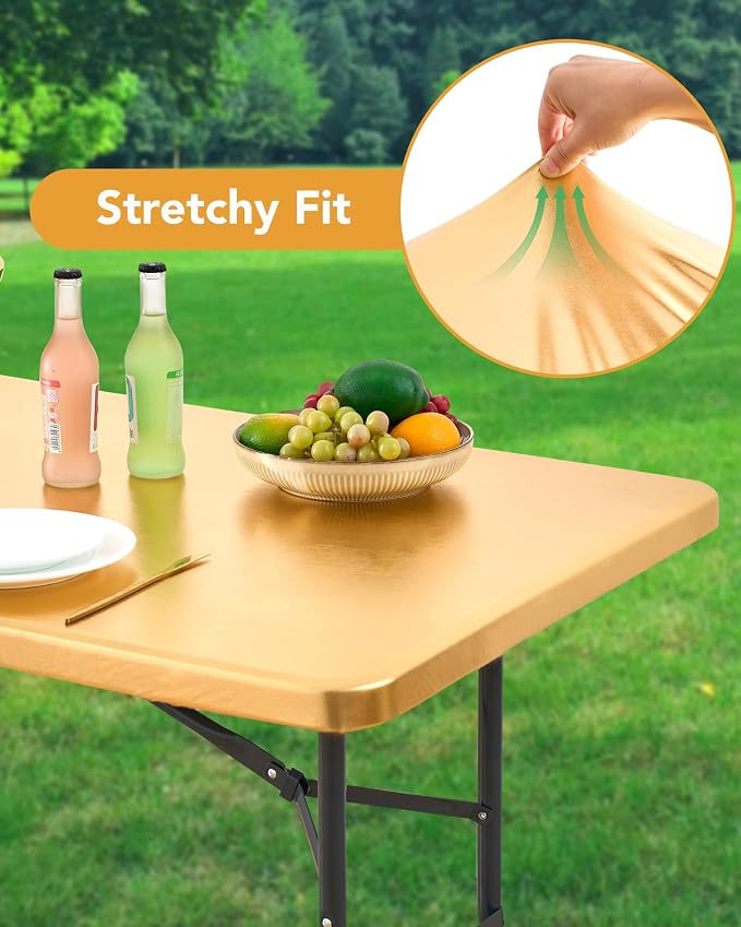 KeyWave Fitted Tablecloth Rectangle Table Cloths - 6 Pack 6 Foot Elastic Stretch Folding Table Top Cover Water-Resistant Reusable for Outdoor Picnic Camping Party Event, Stamping Gold, 72" L x 30" W