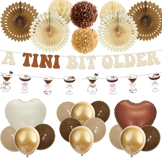 a Tini Bit Older Birthday Decorations - 30PCS Brown a Tini Bit Older Party Banners Balloons Paper Fans Pompoms Honeycomb Centerpieces, Martini Espresso Birthday Decor Supplies for Women