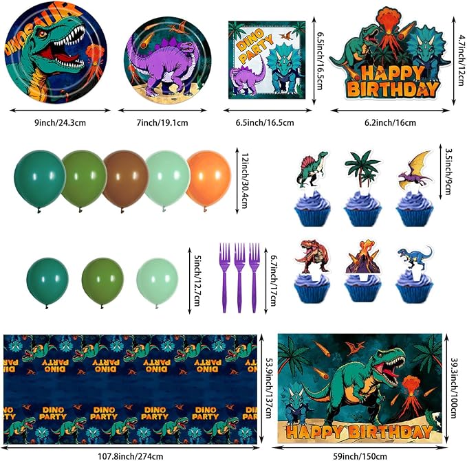 150Pcs Dinosaur Birthday Decorations Dinosaur Themed Party Decorations Set Includes Banner Backdrop Tablecloth Balloons Plates Forks Cake Toppers Cupcake Toppers