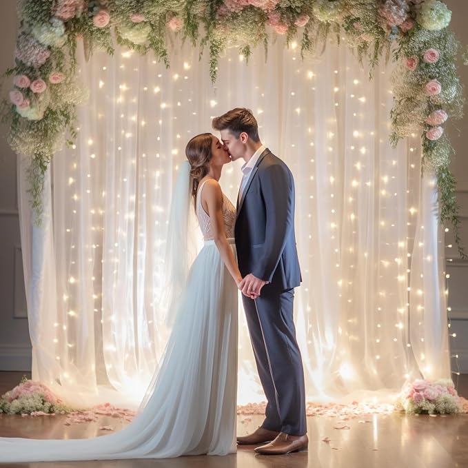 20x8ft White Tulle Backdrop Curtain with Lights String for Parites, Sheer Photo Backdrop Drapes with Lights for Wedding Ceremony Reception Bridal Shower Baby Shower Birthday Party