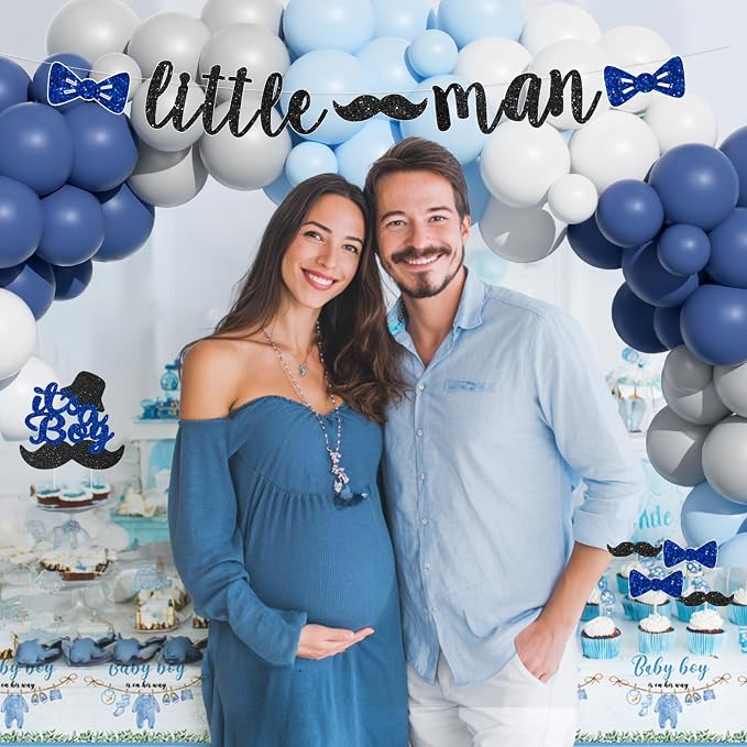 Hombae Little Man Baby Shower Decorations, 106 PCs - Unique Boy Baby Shower Party Supplies with Mustache and Bow Tie Backdrop, Balloon Garland, Cake Topper, Sweet Boy Tablecloth