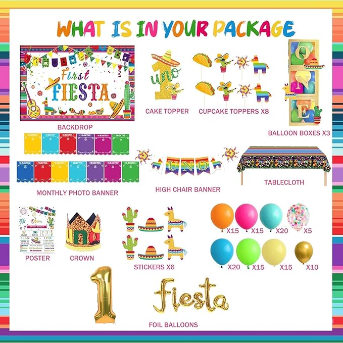 First Fiesta Birthday Decorations, Mexican Theme 1st Uno Party Decorations Backdrop Balloon Monthly Photo Highchair Banner Tablecloth Cake Cupcake Topper Box Cutout Crown Poster