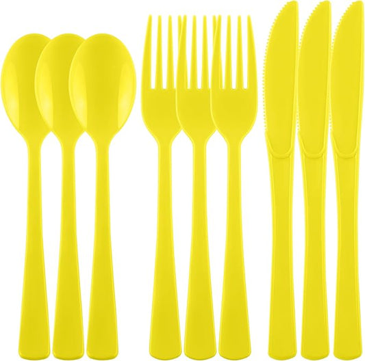 Kochorie 300 Pieces Graduation Yellow Plastic Silverware, Disposable Plastic Utensils, Heavy Duty Cutlery Set Heavyweight Flatware Includes Spoons Forks Knives for Birthday Party Wedding Dinner