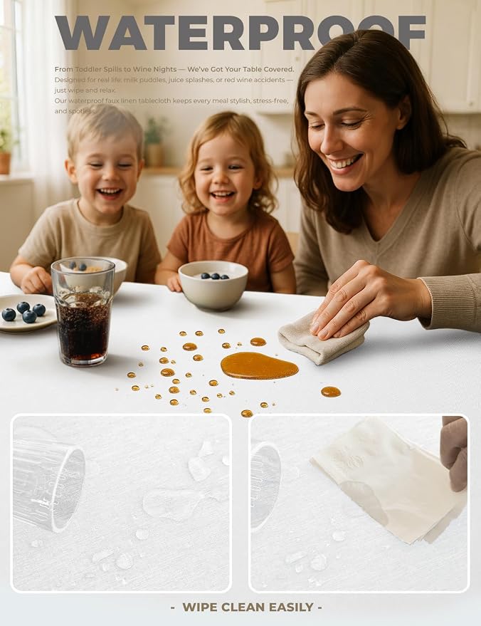 Decorelia White Reusable Table Cloths for 6 Ft Rectangle Table-2 Pack, Waterproof Washable Polyester Rustic Rectangular Table Cloth Cover for Wedding,Outdoor,Events, Party,Banquet, Dining, 60x102 Inch