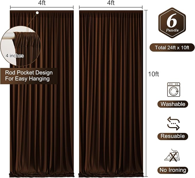 Dark Brown Backdrop Curtains-Wrinkle-Free Polyester Photography Drapes Party Curtain Background for Baby Shower Wedding Decorations- 24 X10FT