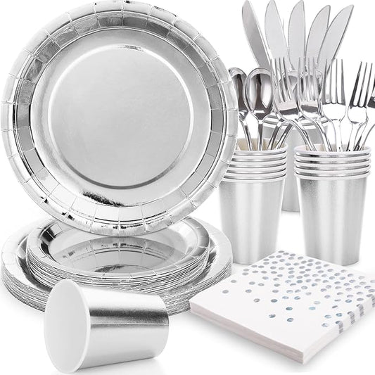 Silver Plates Party Supplies Disposable Dinnerware Set,168pcs Silver Paper Plates and Napkins for Graduation Holiday Disco Birthday Party Decorations Serves 24