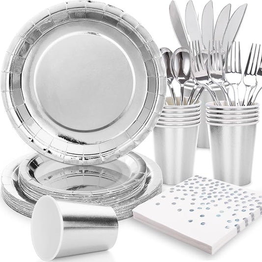 Silver Paper Plates and Napkins Party Supplies,350pcs Silver Plates Disposable Dinnerware Set for Anniversary Graduation Holiday Disco Birthday Party Decorations Serves 50