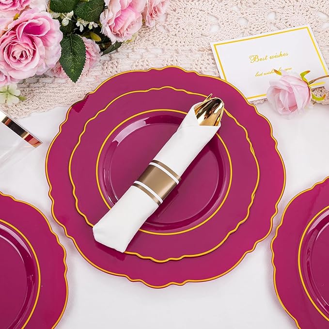 Liacere 175PCS Red Plastic Plates - Disposable Burgundy Red and Gold - 25guest Baroque Plastic Dinnerware include 50Plates, 25Pack Pre Rolled Napkins with Silverware 25Cups for Party&Mothers Day