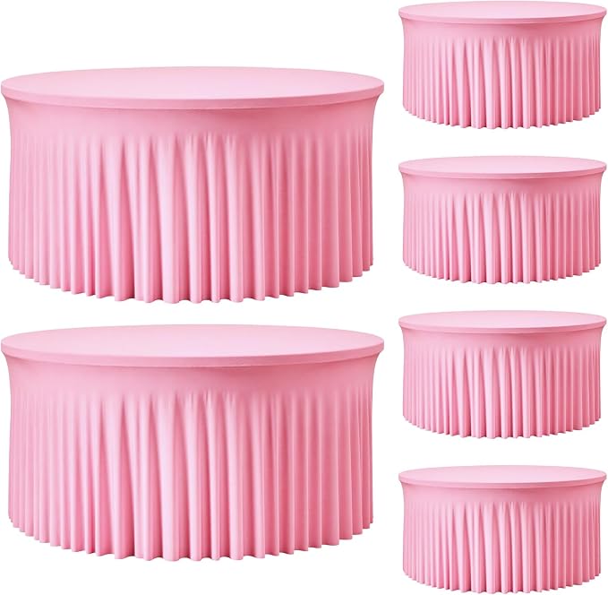 6 Pack Pink 60 inch Round Spandex Tablecloth,Wrinkle-Free Stretchy Fitted 5FT Round Tables,Elastic Edge with Skirt,Washable Tablecloths for Wedding Banquet Party Birthday Buffet