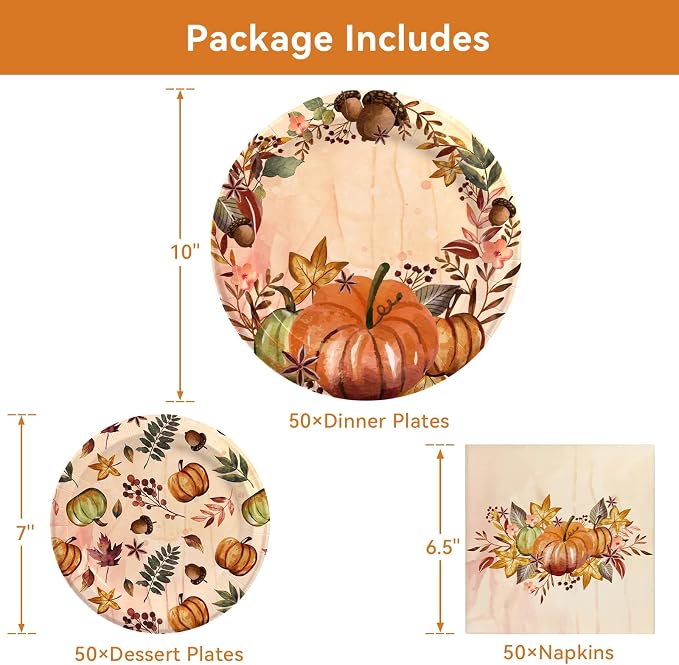 Fall Paper Plates and Napkins Set 150 Count, 10'' and 7'' Heavy Duty Disposable Plates, Thanksgiving, Fall, Autumn Harvest Party Decorations Supplies, Serve 50