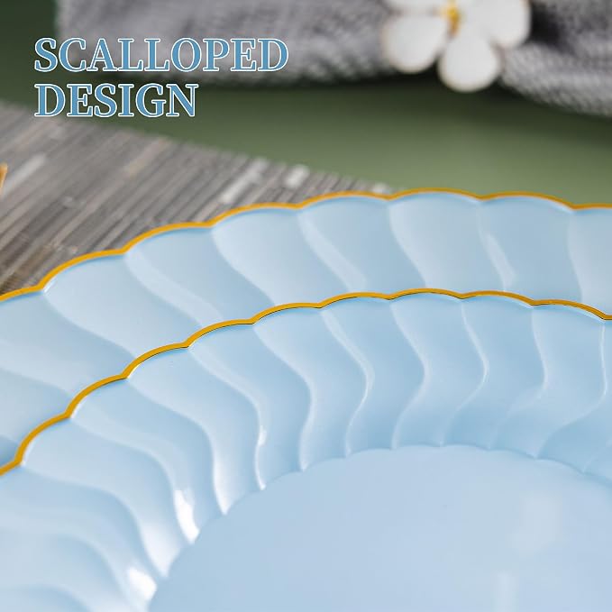 Lullaby 60PCS Light Blue Scalloped Plastic Plates with Gold Rim, Includes 30PCS Dinner Plate 10'' and 30PCS Dessert Plate 7.5'', Baby Blue Plastic Plates for Party, Wedding and Daily Use