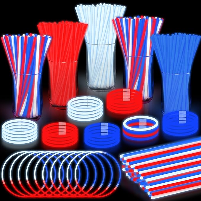 480 Pack 4th of July Glow Sticks Party Favors with Connectors,Patriotic Red White Blue Glow Stick Bracelets Nacklaces Glow in the Dark Accessories 250th Anniversary USA Independence Day Decorations