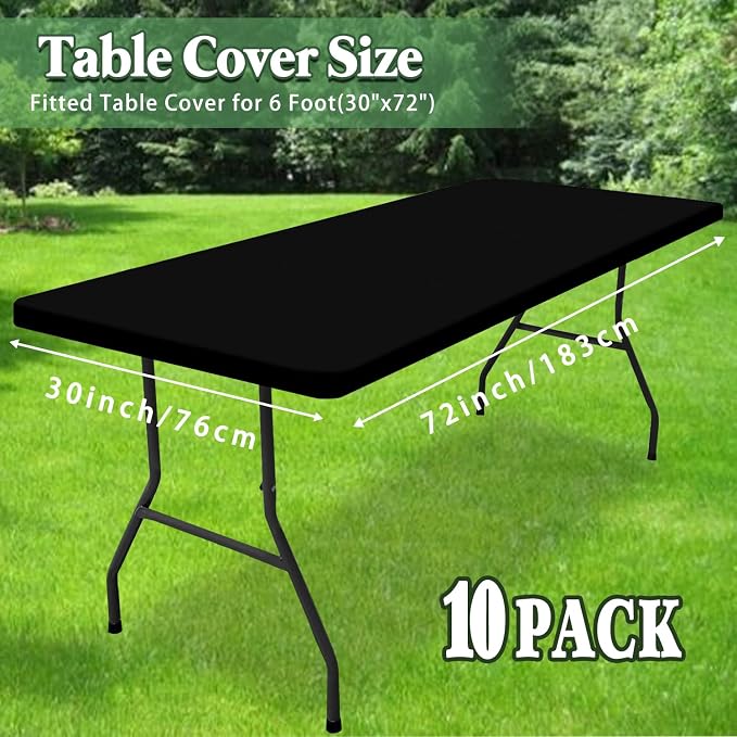 10 Pack Picnic Table Cover Fitted Tablecloth for 6 Foot Rectangle Tables Elastic Waterproof Stretch Washable Patio Folding Outdoor Spandex Table Cloth for Camping Banquet and Parties (Black,30" x 72")