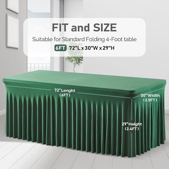 6 Packs Green Table Clothes for 6 Foot Rectangle Tables, Wrinkle Resistant Stretch Spandex Table Covers Fitted Tablecloth with Skirt for Event Banquet Wedding Birthday Party