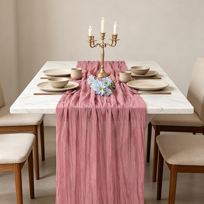16 Pack Dusty Rose Cheesecloth Table Runner 10FT, Boho Gauze Cheese Cloth Table Runner Long Rustic Sheer Dusty Pink Table Runners for Wedding Bridal Baby Shower Birthday Party Table Decorations