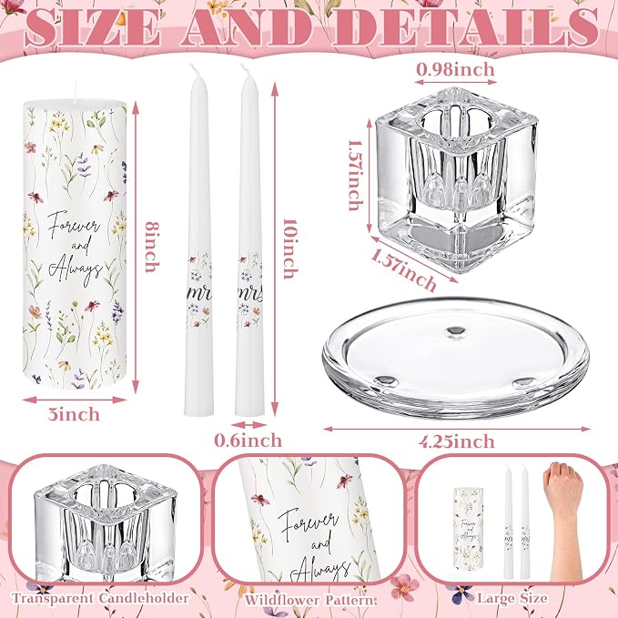 Irenare Unity Candles with Holder for Wedding Ceremony Unity Candle Set Wedding Table Decorations Accessories for Formal Events Church (Wildflower)