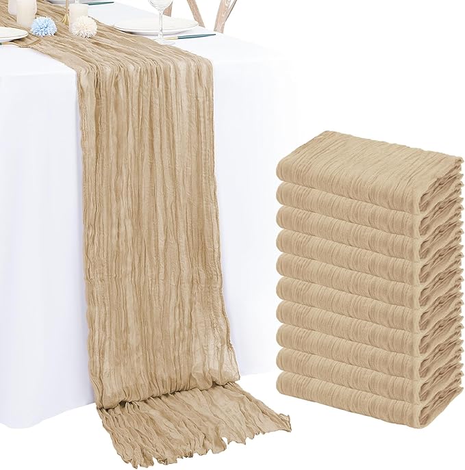 10 Pack Beige Cheesecloth Table Runner 10FT Boho Romantic Gauze Table Runner 20 x 120 Inch Rustic Sheer Runner for Wedding Party Bridal Shower Thanksgiving Christmas Decoration