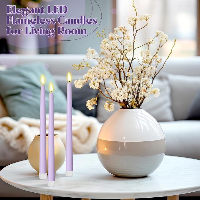Macarrie 24 Packs Flameless Taper Candles Battery Operated Fake 11 Inch Long Candlelight LED Flameless Candlesticks Flickering Tapered for Summer Fall Wedding(Lavender Purple)