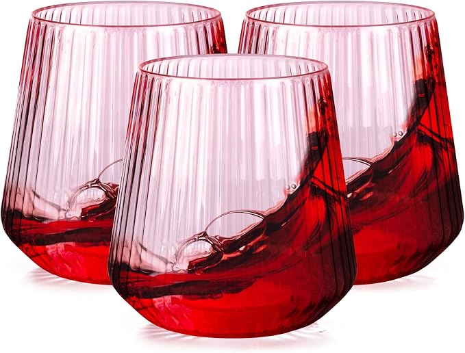 Ciaell 30 Pack Pink Plastic Ribbed Wine Glasses, 12 OZ Origami Stemless Disposable Wine Champagne Whiskey Glasses Unbreakable Clear Plastic Cocktail Glasses, Wine Cups for Party Wedding