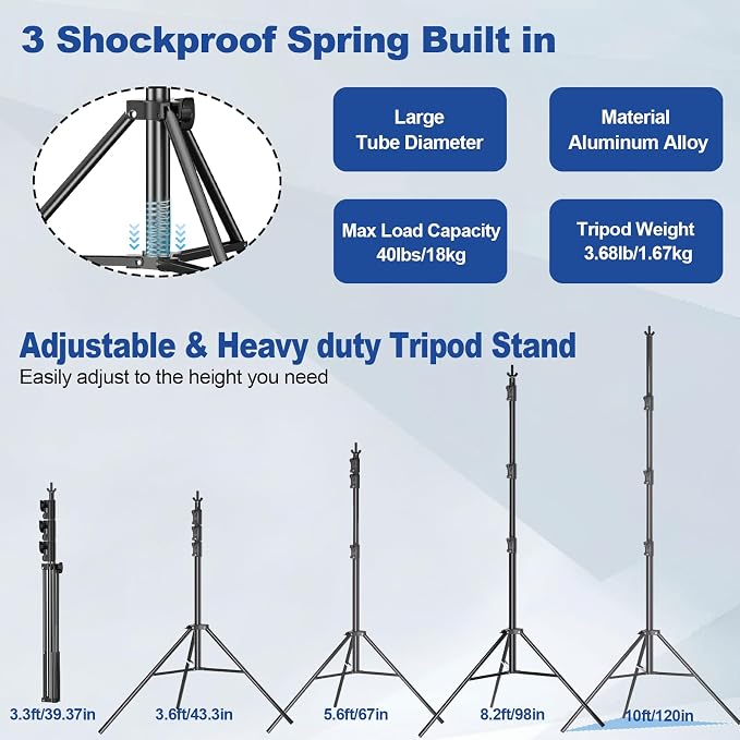 Photo Video Studio 10 x 10ft Heavy Duty Backdrop Stand, Adjustable Photography Background Support System Kit with Shock-Proof Spring, Carrying Bag, 6 Clamps