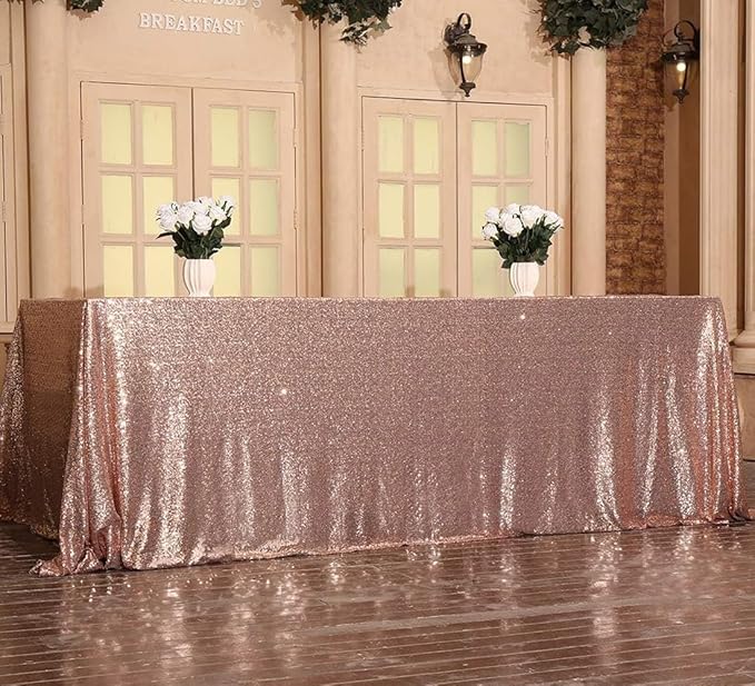 Juya Delight 90" x 132" Rose Gold Rectangular‌ Sequin Tablecloth for Wedding Birthday Party Festival Ceremony Cake Dessert Table