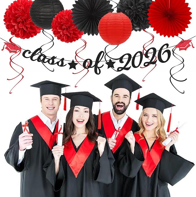 Black Red Graduation Party-Decorations Garland - 36pcs Congrats Grad Class 2026 Banner,Hat Hanging Streamer,College High School Congratulations Master Celebration Classroom Backdrop Decor Burgleda