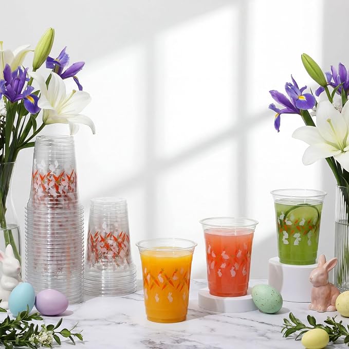 100 Pcs Plastic Cups 16 oz Disposable Carrot Bunny Party Cups Bulk Clear Cute Drinkware for Summer Party Supplies Spring Picnic Cold Drinks Snack