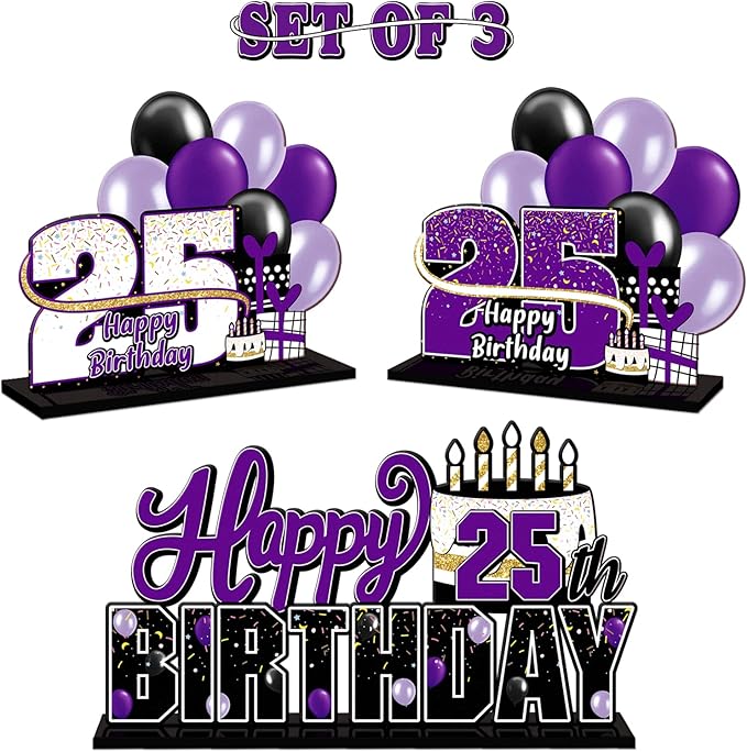 LINGTEER Happy 25th Birthday Purple Acrylic Table Topper Centerpieces Set - Cheers to 25 Years Old Birthday 25th Bday Party Gift Decorations.