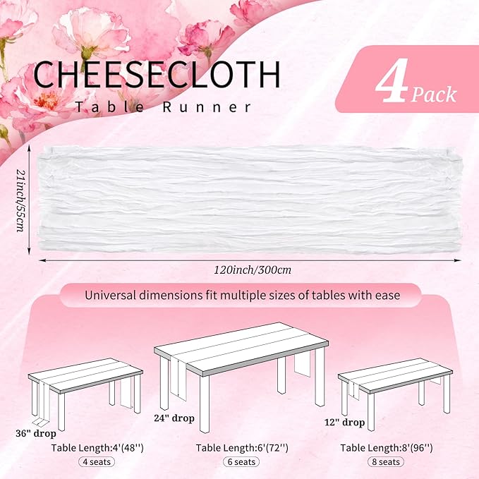 4 Pack Cheesecloth Table Runner 10FT White Table Runner Boho Gauze Cheese Cloth Table Runners Long Rustic Sheer Table Decorations for Wedding Party Baby Bridal Shower Birthday Holiday Home