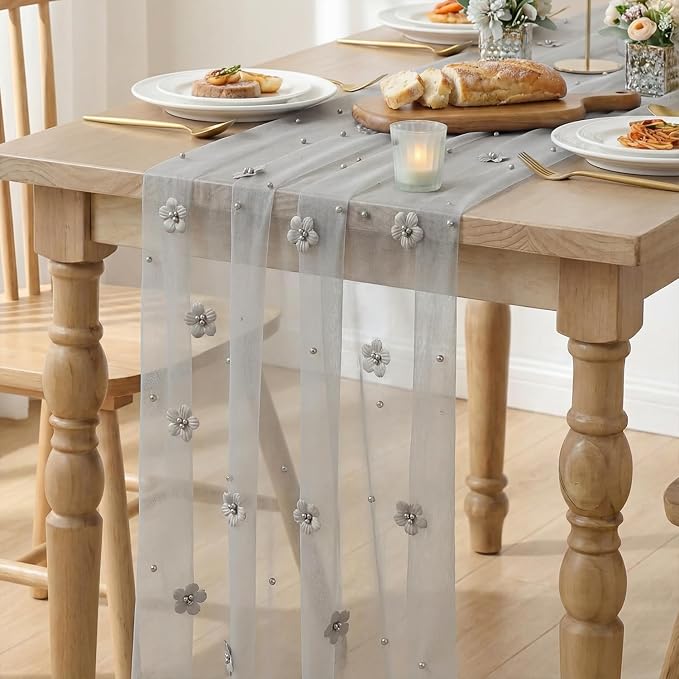 Artoid Mode Gray Flower Pearl Gray Gauze Table Runner 10FT, Seasonal Sheer Dining Holiday Wedding Birthday Baby Shower Table Decor for Home Party