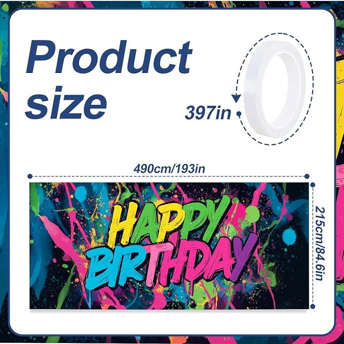 Neon Paint Splatter Birthday Backdrop 7x16ft Waterproof -Graffiti Garage Door Banner for Teen Party,Youth Photo Booth Background Wall Decor