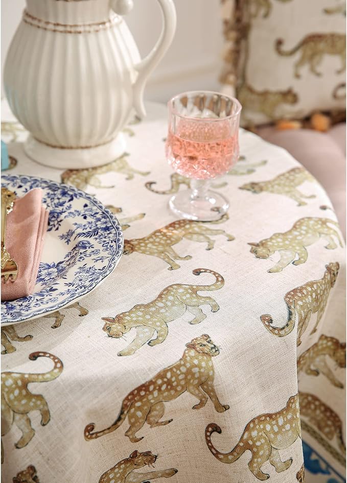 patdrea Vintage Leopard Print Linen Tablecloth,Rectangular,102"x63"-from | Fench Elegant Large Table Cloth for Rectangle Table,Animal Patterned,Dining Room Kitchen Tea Party Decoration,Durable