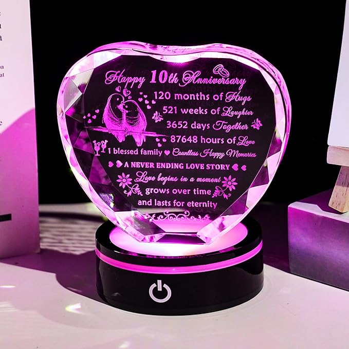 YWHL 10th Wedding Anniversary Crystal Heart Gifts for Couples with LED Base, Laser Engraved Happy 10th Anniversary Keepsake Gifts for Wife Husband, Romantic 10 Years of Marriage Gift for Her Him
