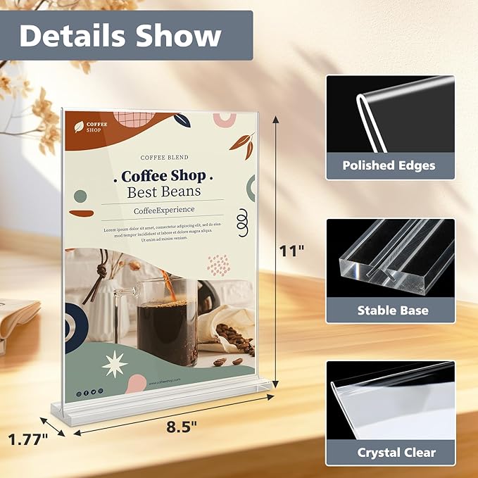 Comix Acrylic Sign Holder 8.5x11 Inches, 12 Pack Double Sided Clear Display Stand Plastic Table Top Paper Stand, Vertical Menu Flyer Holder for Restaurants, Store, Office