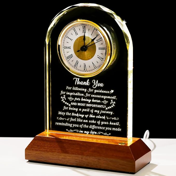Arikyrist Thank You Gifts for Women Men, Appreciation Clock Gift for Coworkers Friends Teachers with Wooden Light Base, Inspirational Presents for Family Office Desk Clock Decor