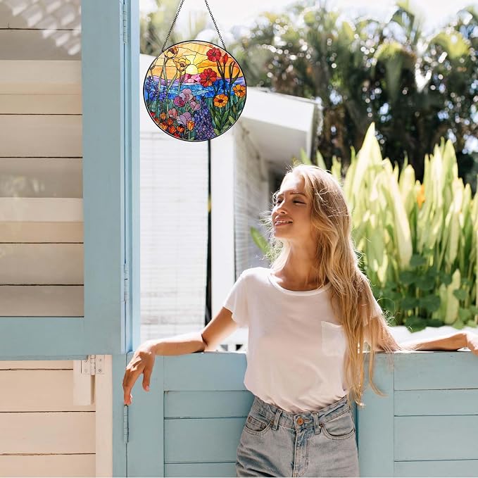 Wildflowers Stained Glass Suncatcher for Window, 7.8in Hanging Decor | Stained glass hanging window suncatcher, colorful sun catcher for indoor window decor and thoughtful gifts for women birthday