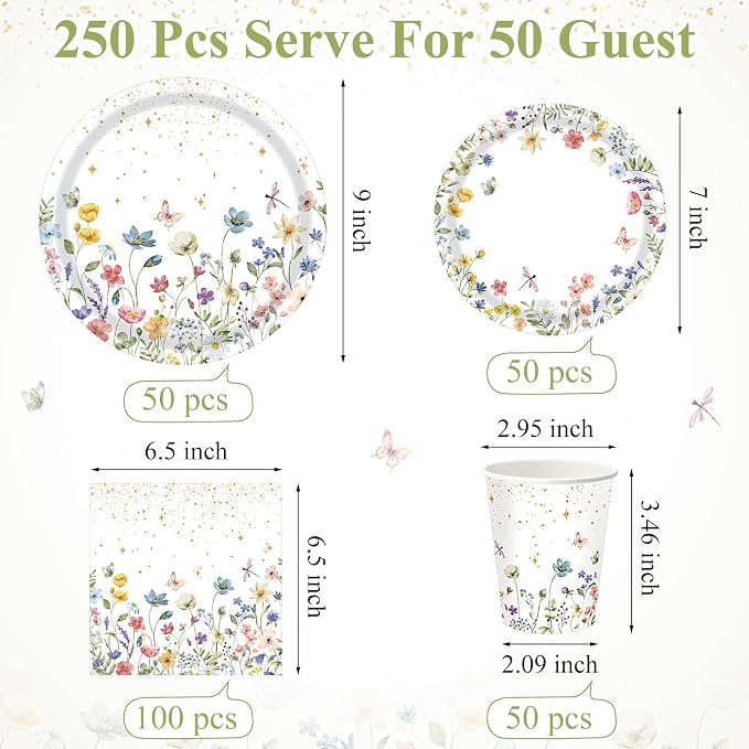 Ziliny 250 Pcs Wildflower Party Decorations Include Spring Summer Floral Paper Plates Napkins and Cups for Wildflower Baby Shower Tea Decorations, Serve 50 Guest (Colorful,Floral Style)