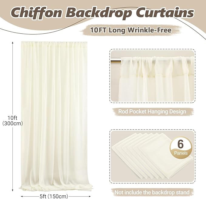 30ft x 10ft Ivory Backdrop Curtain Drapes, Wrinkle-Free Sheer Chiffon Fabric Photo Background Panels for Wedding Arch Party Ceremony Stage Photography Decorations