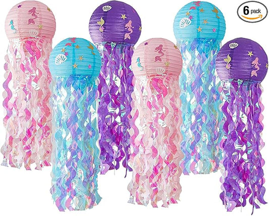OBXT 12" Colorful Jellyfish Lanterns - Mermaid Birthday Party Decorations, Under the Sea & Ocean Theme Hanging Jellyfish Decor for Classroom, Nautical Events, and Underwater Adventure (Set of 6)