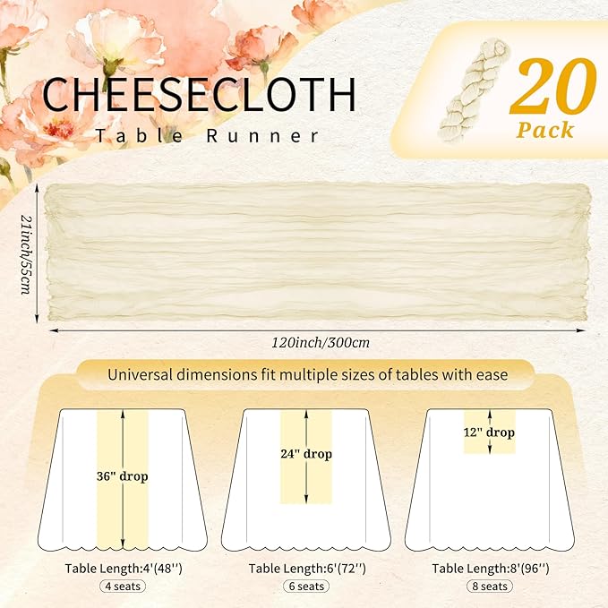 20 Pack Beige Cheesecloth Table Runner 10FT Boho Gauze Cheese Cloth Table Runners Romantic Rustic Sheer Table Decorations for Wedding Party Baby Shower Birthday Holiday Home