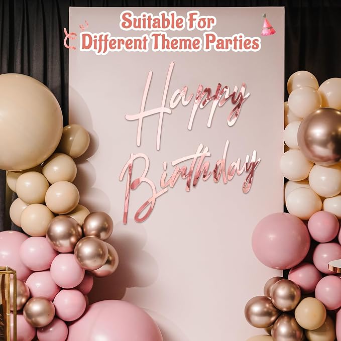 Yousoontic Happy Birthday Sign for Backdrop Large Happy Birthday Sticker Letter Acrylic Mirror Decal for Balloon Arch Wall Kpop Party, Peel Off Acrylic Film(23 x 20 Inches,Classic,Rose Gold)