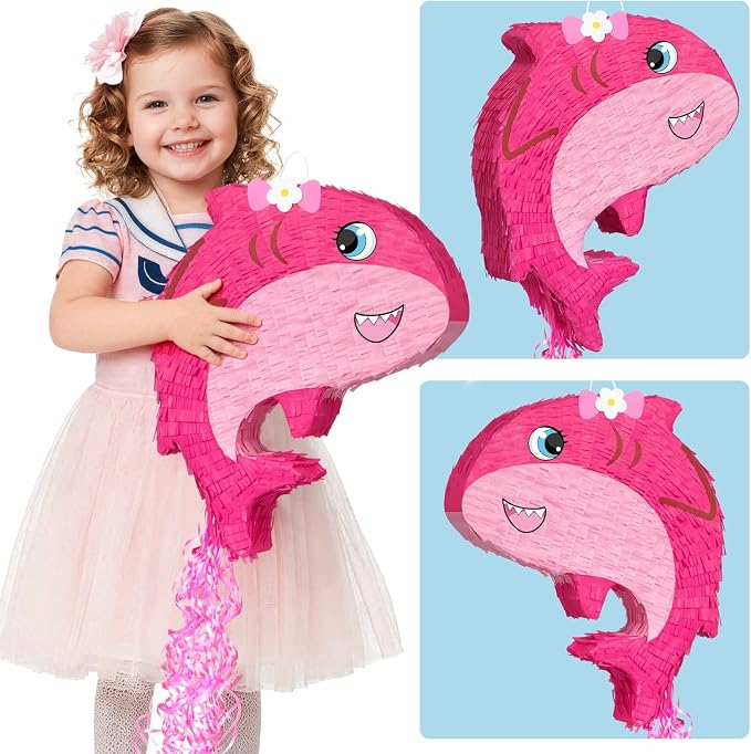WERNNSAI Pink Shark Piñata - Girl Shark Party Piñata Game Ocean Birthday Decor Baby Shower Party Favors Under the Sea Classroom Decor Home Family Fun with Blindfold Bat