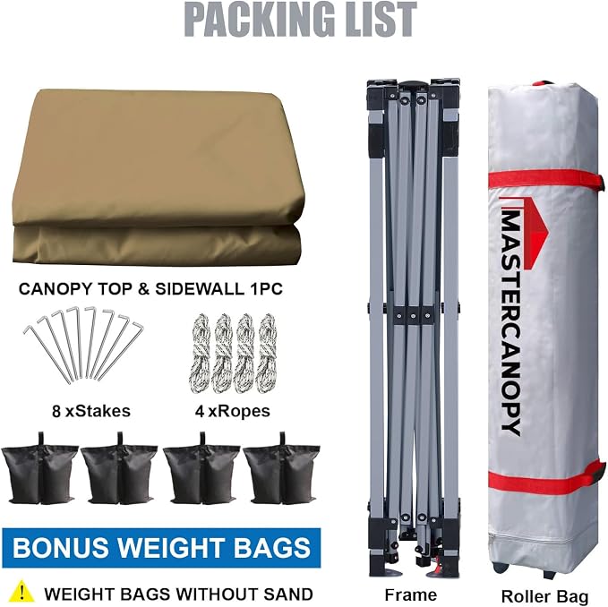 MASTERCANOPY 6.6x6.6 Pop Up Canopy Tent with 1 Sidewall, 1 Person Setup Instant Shelter, Outdoor Portable Beach Canopy, 1 Roller Bag, 4 Sandbags, 4 Ropes, 8 Stakes (6.6x6.6, Khaki)