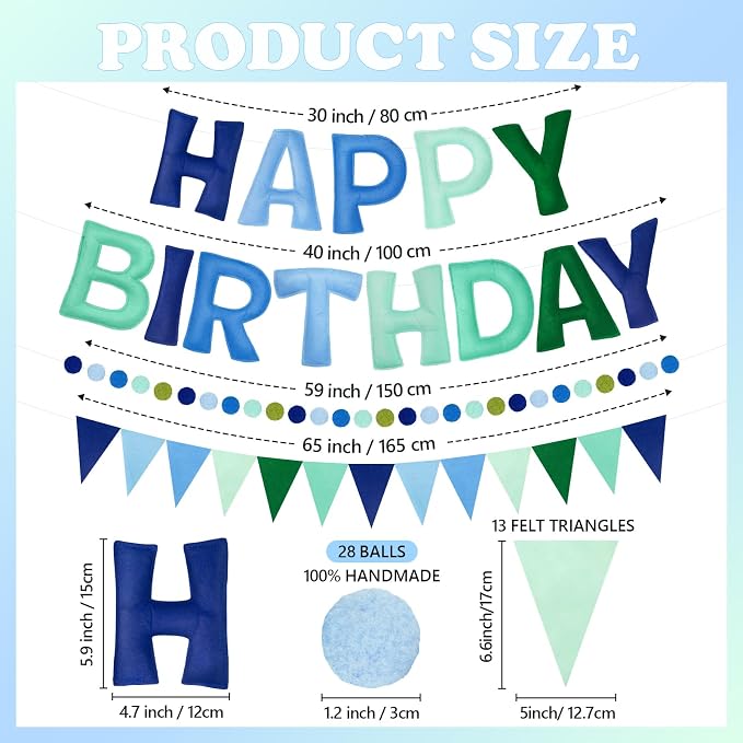Pre-Strung Happy Birthday Banner - Blue Green Birthday Decorations, 3PCS Felt Birthday Day Sign,Ball Garland,Triangle Bunting,Reusable Colorful Banner for Party Decor Girls Boys Kids Women Men (Blue)